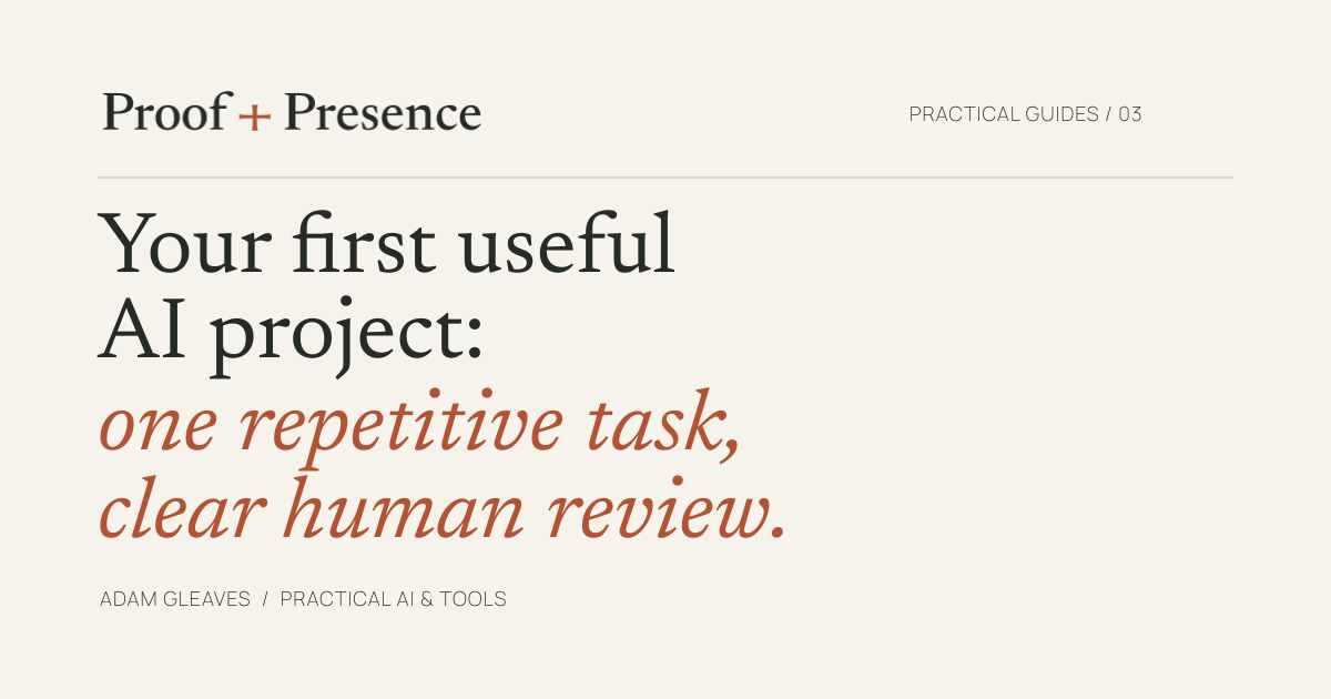 Choose a first useful AI project: Proof + Presence Practical Guide artwork.