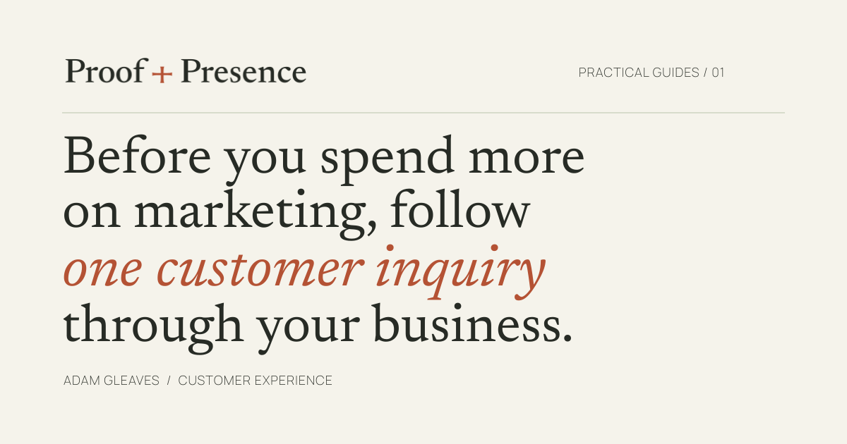 Follow one customer inquiry: Proof + Presence Practical Guide artwork.